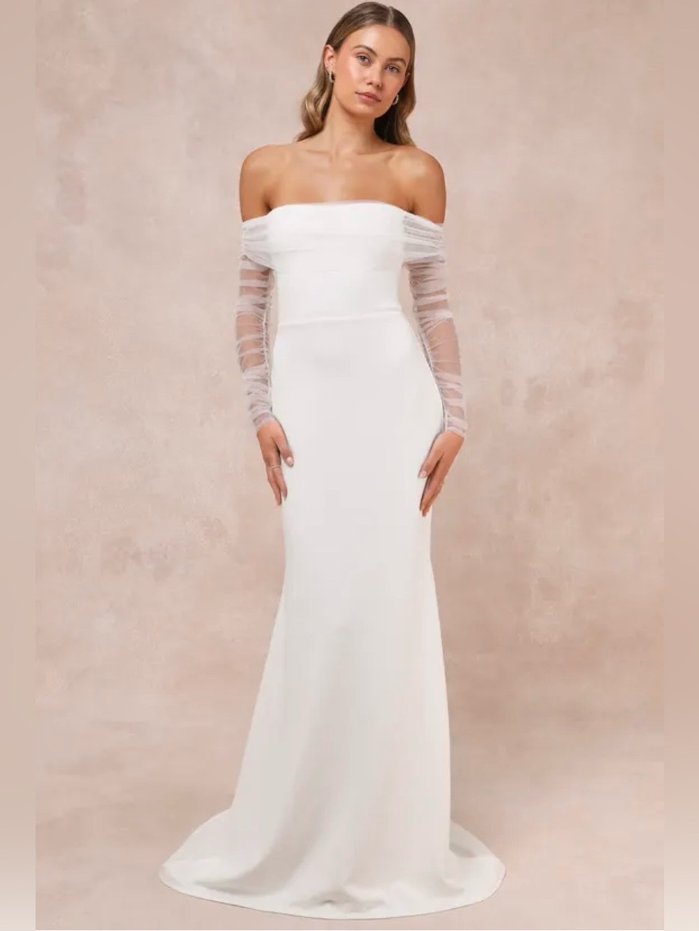 Lulus Beautifully Beloved White Mesh Off Shoulder Maxi Dress Small